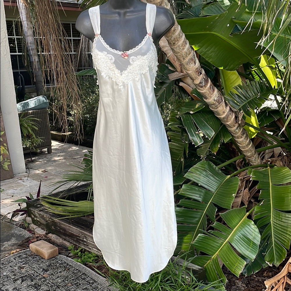 lace trim Sheer embellished, satin slip dress or nightgown with 3-D floral